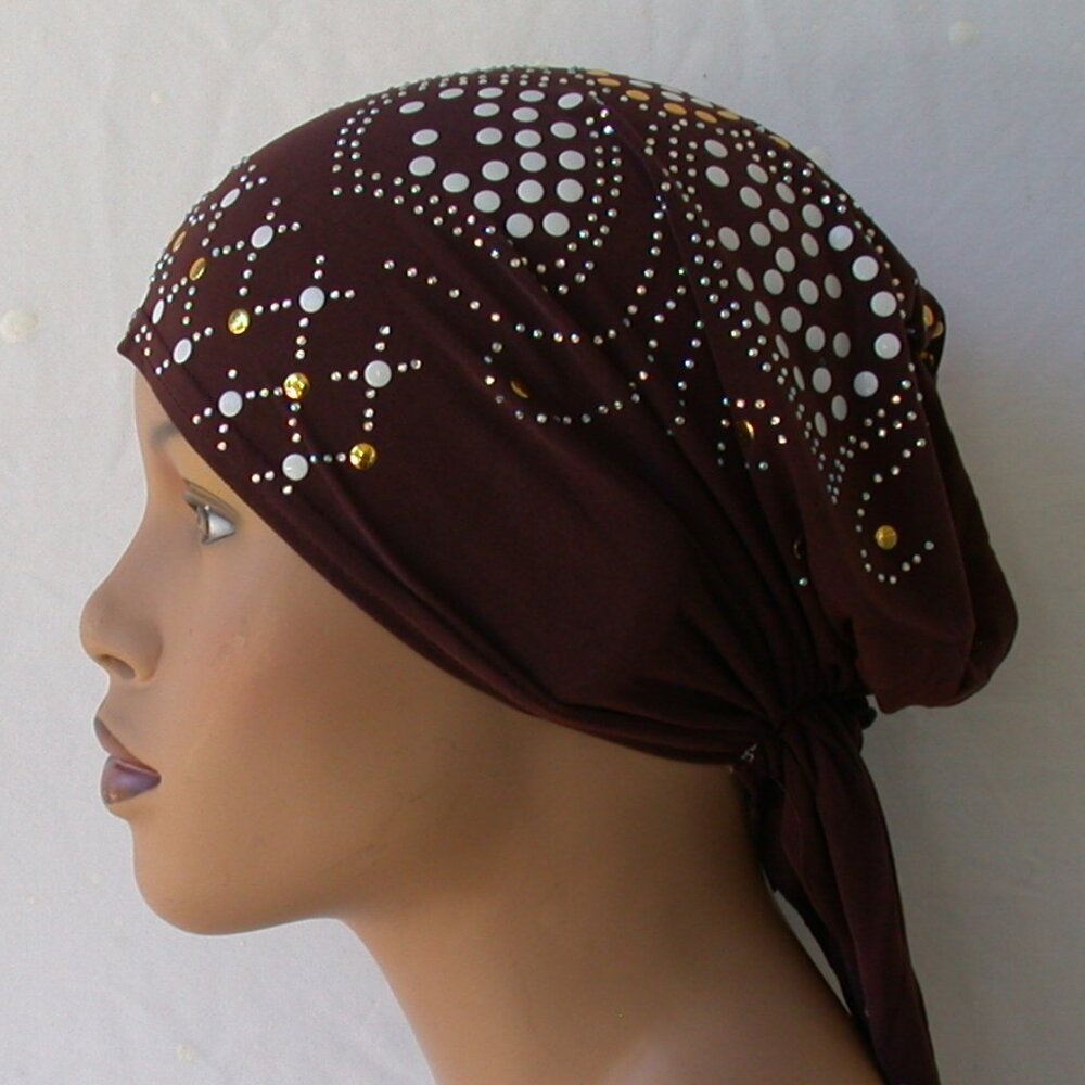 BROWN Pre-Tied Stud Chemo Cap Slip On Bonnet Hijab Undercap #2